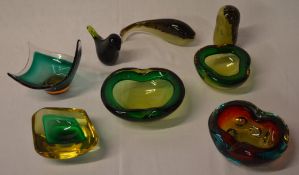 5 decorative art glass bowls and 3 Wedgwood glass paperweights