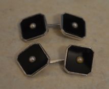 9ct white gold, seed pearl and onyx cufflink's, total approx weight 5.