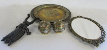 Small gilt mirror, brass chargers,