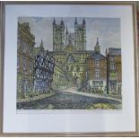 Hand coloured print of Lincoln Cathedral from Castle Square by Lincoln artist Gordon Cumming signed
