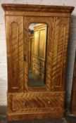Victorian satinwood mirror front wardrobe with drawer (piece of beading missing from drawer) H203cm