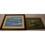 Framed print of Concorde by Barry Price and a framed print of Lancaster bomber flying over Lincoln