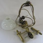 Hanging brass oil lamp and 2 brass wall sconces