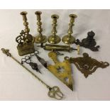 Various brass ware including 2 pairs of candlesticks, wall hanging box inscribed 'NN 1764',