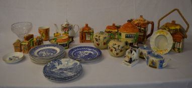 Various cottage ware, blue and white side plates,
