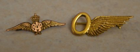 9ct gold sweetheart brooch in the form of a single feathered wing and a 9ct gold RAF brooch,