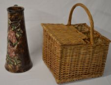 Large Longpark Torquay slipware vase and a wicker basket