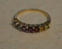 9ct gold multi coloured gem stone ring, approx total weight 2g,