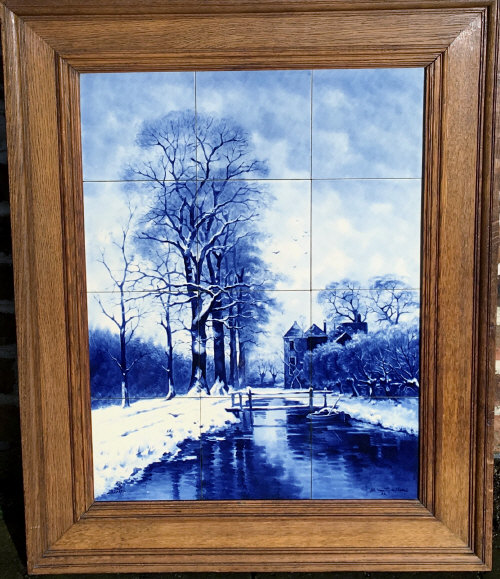 Delft 12 tile framed picture of a canal scene with signature F. J.