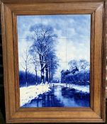 Delft 12 tile framed picture of a canal scene with signature F. J.