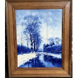 Delft 12 tile framed picture of a canal scene with signature F. J.