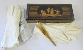 Inlaid wooden glove box with assorted ladies vintage gloves & a Mauchlin ware 'Carisbrooke Castle'