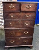 George III oak chest on chest with swan neck handles (one missing) & cockbeading on bracket feet