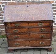 Georgian oak bureau with replacement handles on bracket feet & walnut cross banding