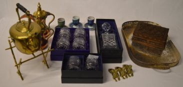 Silver plated tray (broken handle) boxed crystal decanter and drinking glasses etc