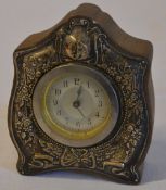 Silver fronted Art Nouveau small mantle clock with wooden case,