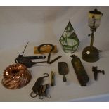Copper jelly mould, lamp, Pyrene extinguisher, spring scales,