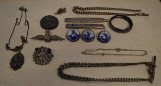 Various silver items including a pencil, RAF badge, watch chains etc total approx weight 3.