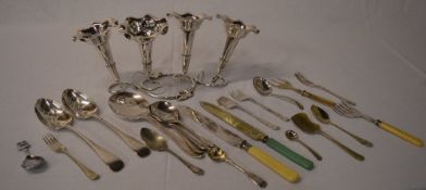 Silver plated 4 trumpet epergne and various silver plated cutlery