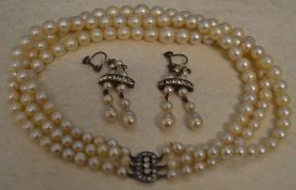 3 strand cultured pearl necklace and similar earrings with synthetic diamonds