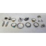 8 silver rings & 5 pairs of silver earrings