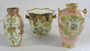 Royal Crown Derby planter, vase H 17 cm and two handled vase H 18.