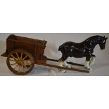 Ceramic figure of a shire horse together with a wooden cart