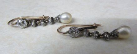 Pair of 9ct gold diamond and pearl drop earrings