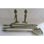 Pair of brass fire dogs & hearth tidy