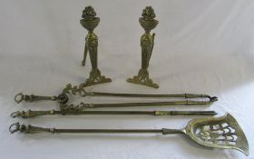 Pair of brass fire dogs & hearth tidy