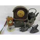 Various items inc cast iron kettle and iron,