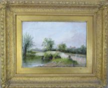 19th century oil on canvas depicting a figure on a bridge over a stream in gilt frame 58 cm x 47 cm