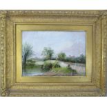 19th century oil on canvas depicting a figure on a bridge over a stream in gilt frame 58 cm x 47 cm