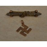 Victorian 9ct gold and seed pearl brooch together with a 9ct gold Manji/Reverse Swastika,