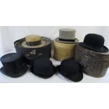 Assorted hats and hat boxes inc bowler hat by G A Brough, Boston,