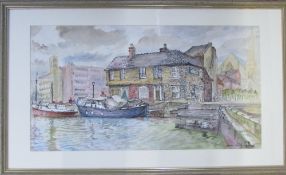 Watercolour of boats at Brayford Wharf Lincoln by Lincoln artist Gordon Cumming signed and dated