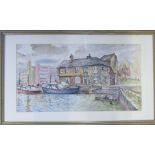 Watercolour of boats at Brayford Wharf Lincoln by Lincoln artist Gordon Cumming signed and dated