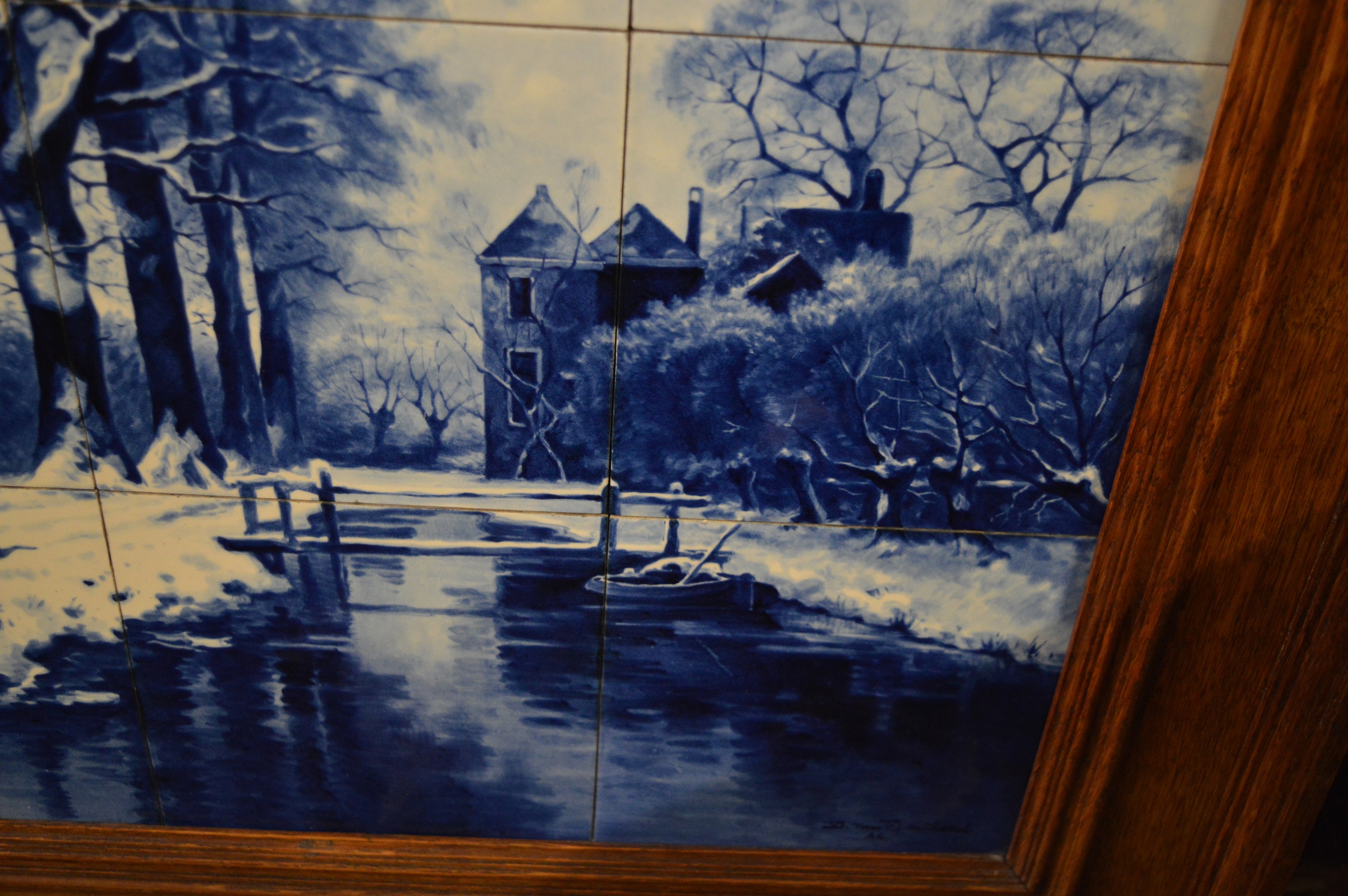 Delft 12 tile framed picture of a canal scene with signature F. J. - Image 3 of 6