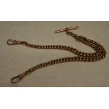 9ct gold heavy double Albert watch chain with T bar, total weight approx 52.