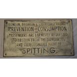 A London, Brighton and South Coast railway sign 'Prevention of Consumption - Abstain from Spitting'.