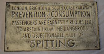 A London, Brighton and South Coast railway sign 'Prevention of Consumption - Abstain from Spitting'.