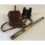 WWI military/Royal Flying Corps binoculars in leather case stamped B7011 & a 4 section brass pocket