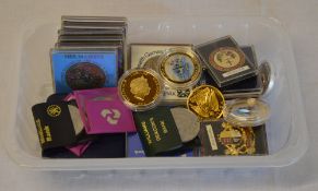 Quantity of commemorative coins including Festival of Britain, gold plated 1 dollar coins,