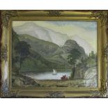19th century oil on canvas of a Scottish loch in a gilt frame 45 cm x 55 cm (damage to canvas)
