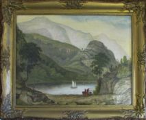 19th century oil on canvas of a Scottish loch in a gilt frame 45 cm x 55 cm (damage to canvas)