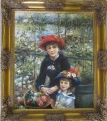 Modern oil on canvas in a gilt frame of a woman and child in the style of Renoir 65 cm x 76 cm