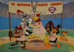 Framed Looney Tunes artists proof 2/20 baseball cell " '93 National League Champs'