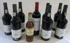 7 bottles of Taylors vintage port 1983 & bottle of Pauillac 2005 and Chateau Lafeaurie-Peyraguey