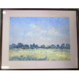 Framed pastel drawing 'Landscape nr Wilburton' by Geoff Marsters, signed with initials,