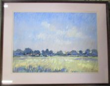 Framed pastel drawing 'Landscape nr Wilburton' by Geoff Marsters, signed with initials,